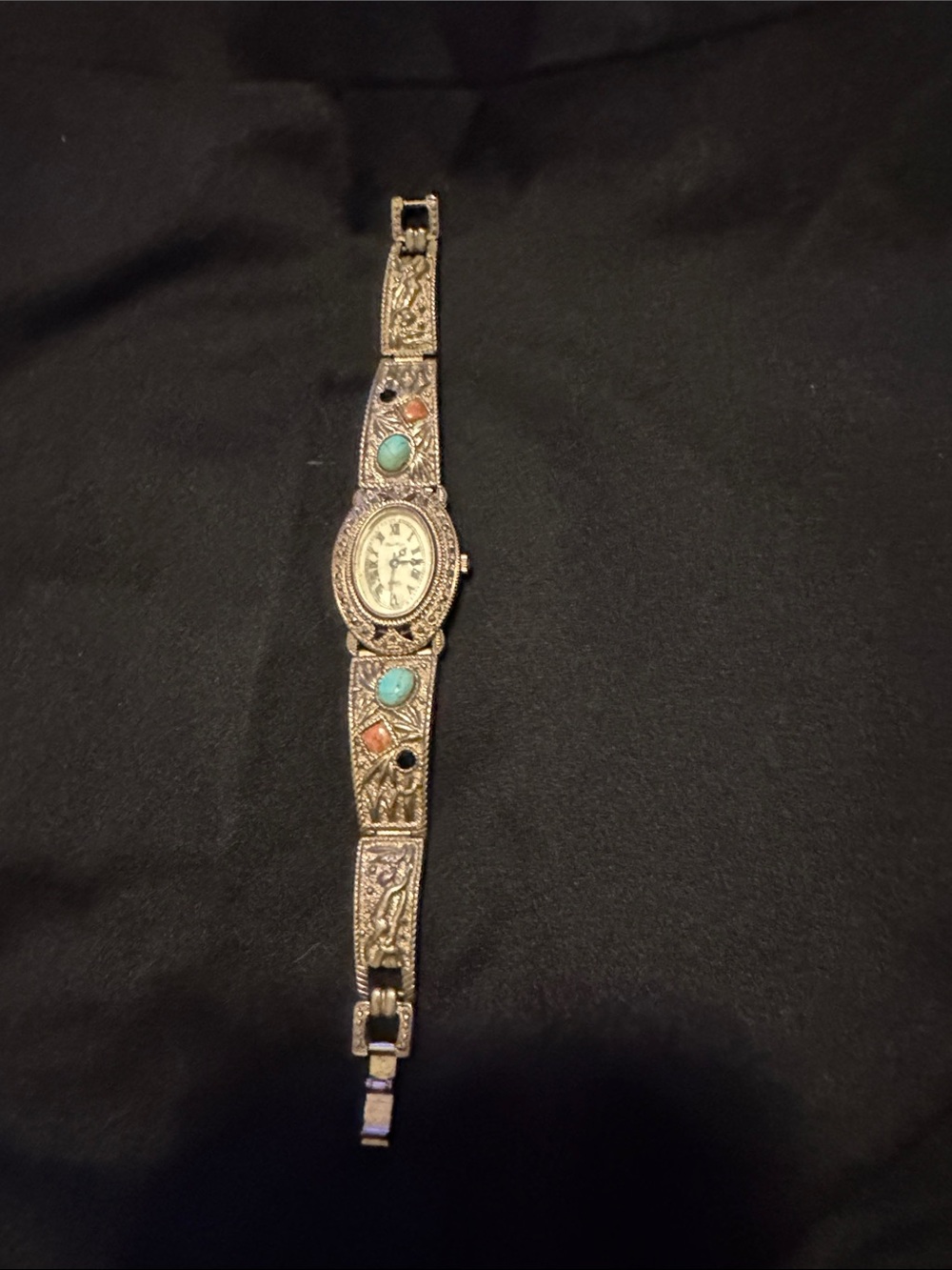 Ornate Silver-Tone Bracelet Watch with Turquoise and Coral Accents